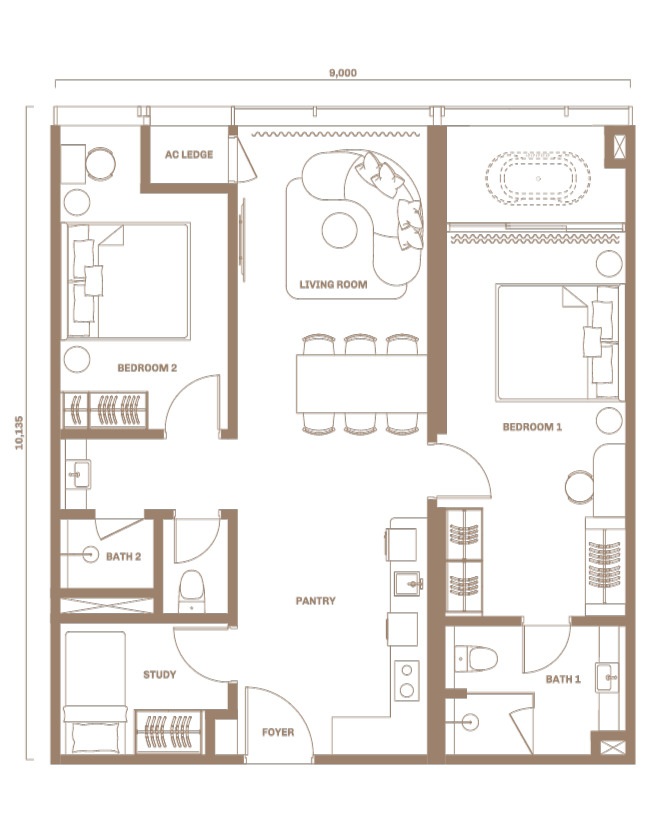 Type C . 982 sq.ft. . 2+1 Bedrooms + 2 Bathrooms