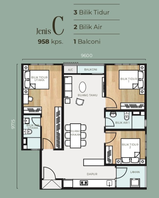 Type C . 958 sq.ft. . 3 Bedrooms + 2 Bathrooms