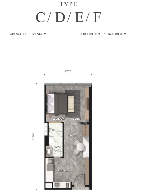 Type C/D/E/F . 1 Bedroom + 1 Bathroom . 549 sqft