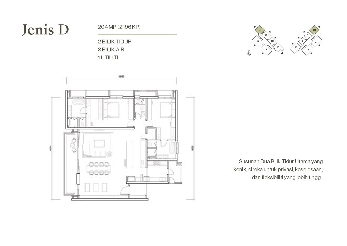 Type D . 2,196 sq ft . 2+1 Bedrooms + 3 Bathrooms