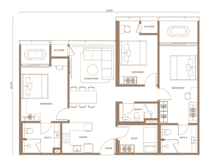 Type D . 1,319 sq.ft. . 3+1 Bedrooms + 3 Bathrooms