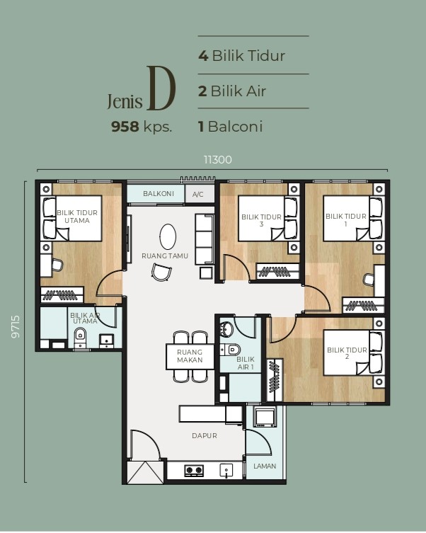 Type D . 958 sq.ft. . 4 Bedrooms + 2 Bathrooms