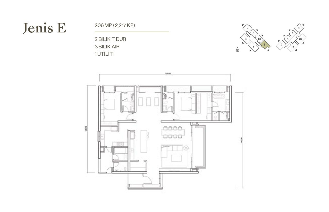 Type E . 2,217 sq ft . 2+1 Bedrooms + 3 Bathrooms