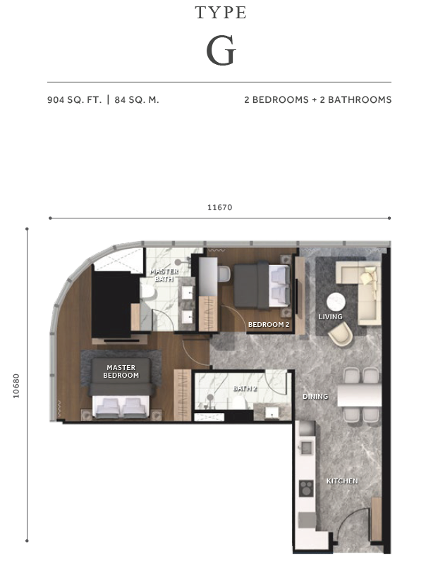 Type G . 2 Bedrooms + 2 Bathrooms . 904 sqft