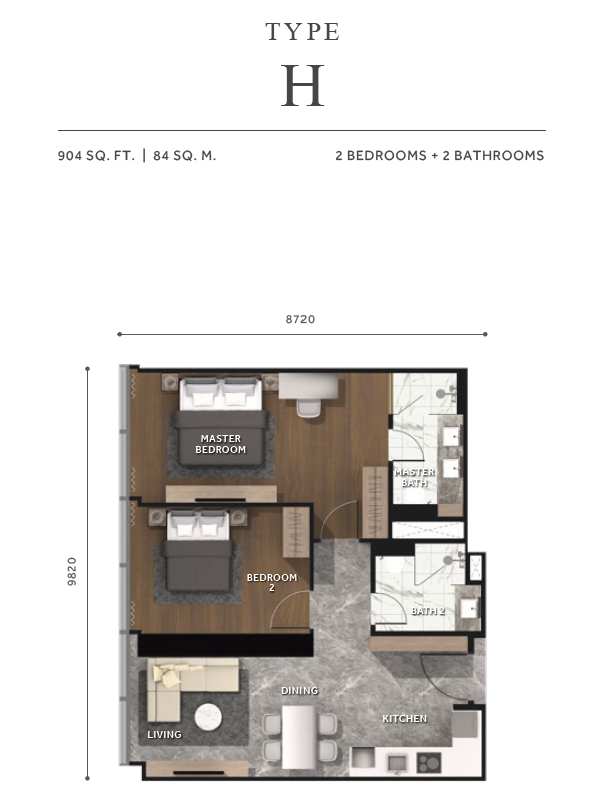 Type H . 2 Bedrooms + 2 Bathrooms . 904 sqft