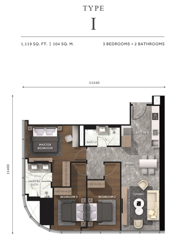 Type I . 3 Bedrooms + 2 Bathrooms . 1,119 sqft