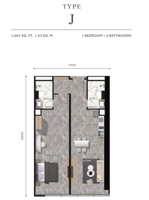 Type J . 1 Bedroom + 2 Bathrooms . 1,001 sqft