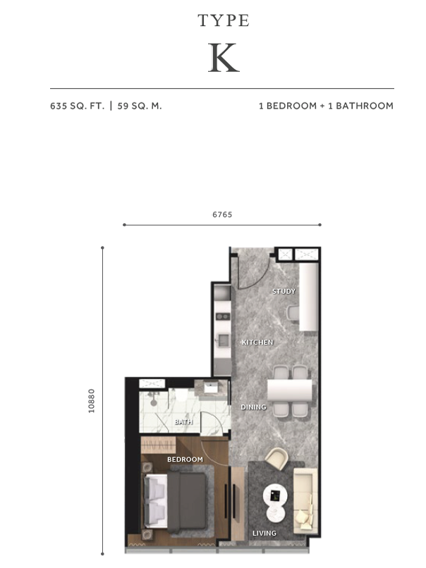 Type K . 1 Bedroom + 1 Bathroom . 635 sqft