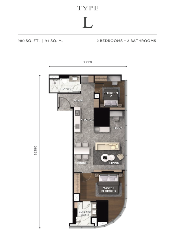 Type L . 2 Bedrooms + 2 Bathrooms . 980 sqft