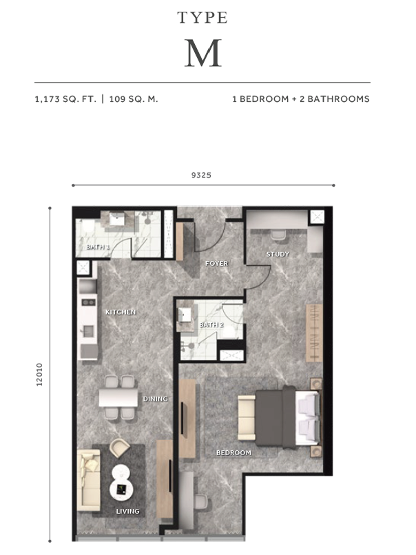 Type M . 1 Bedroom + 2 Bathrooms . 1,173 sqft