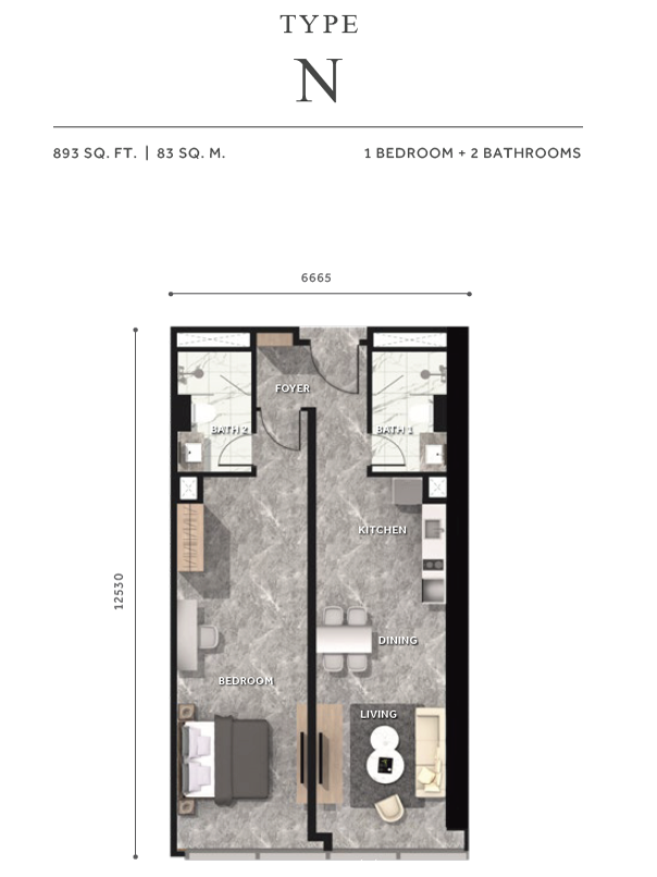 Type N . 1 Bedroom + 2 Bathrooms . 893 sqft