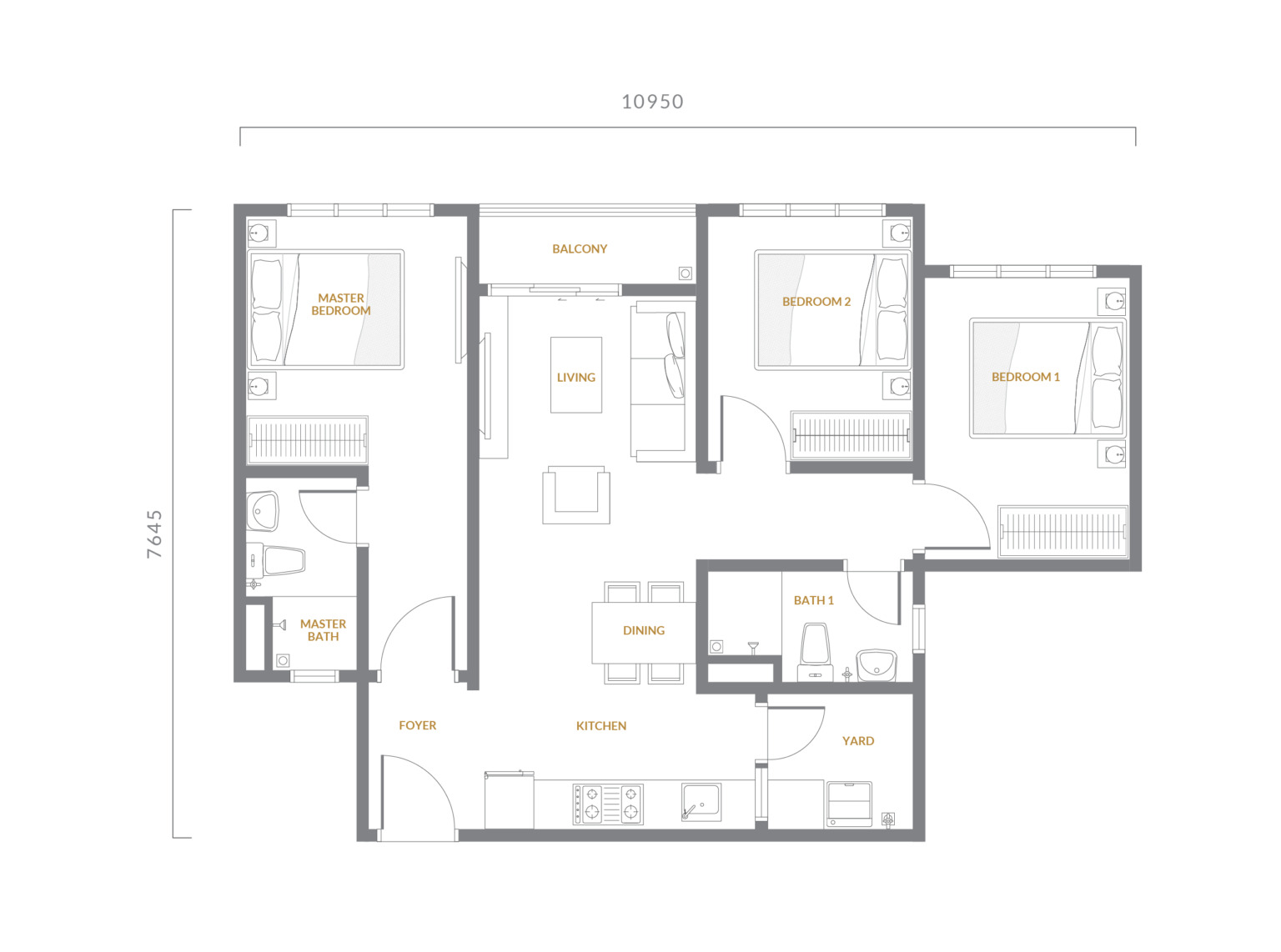 Type A . 754 sq ft . 3 Bedrooms + 2 Bathrooms
