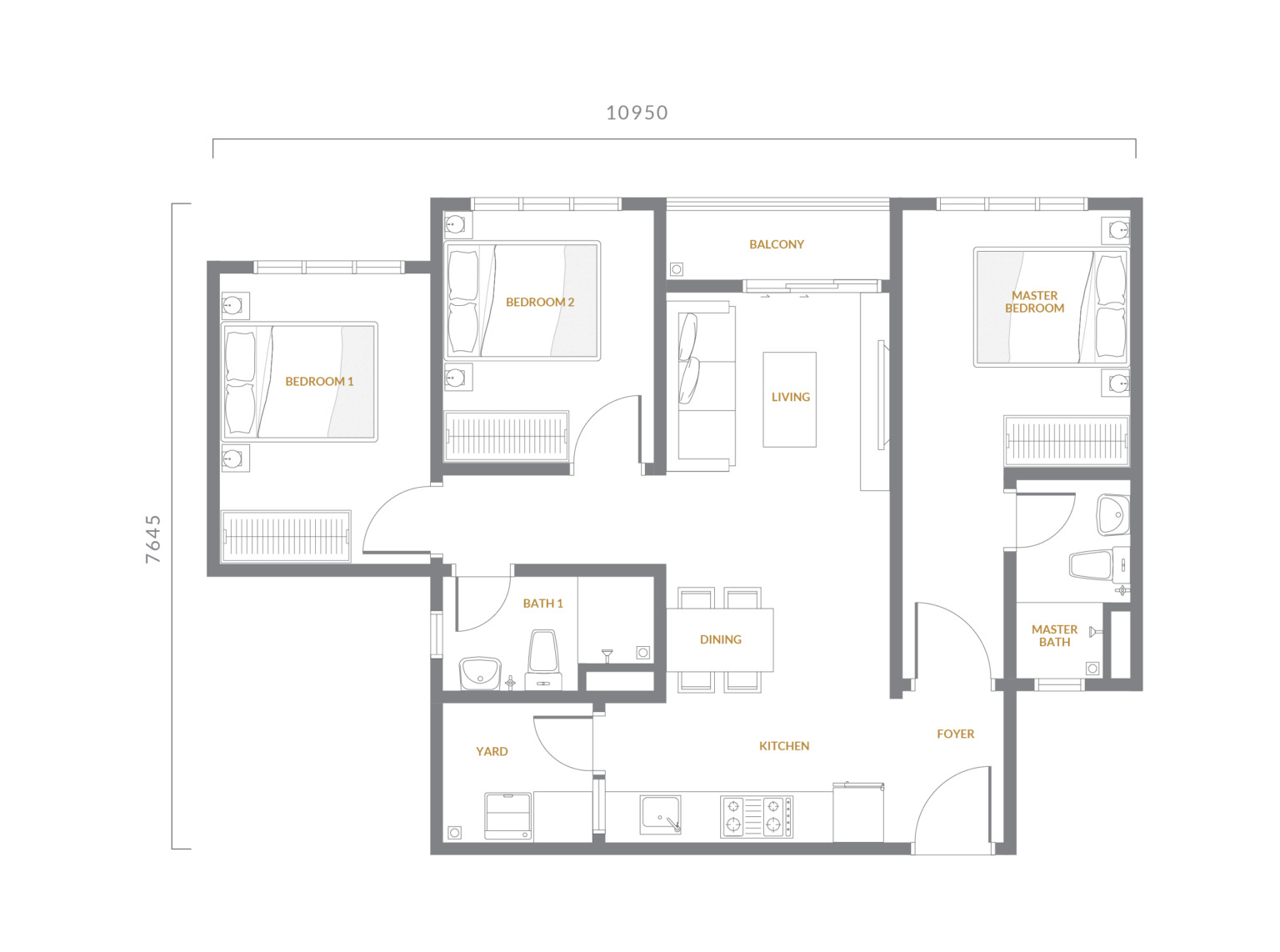 Type A1 . 754 sq ft . 3 Bedrooms + 2 Bathrooms