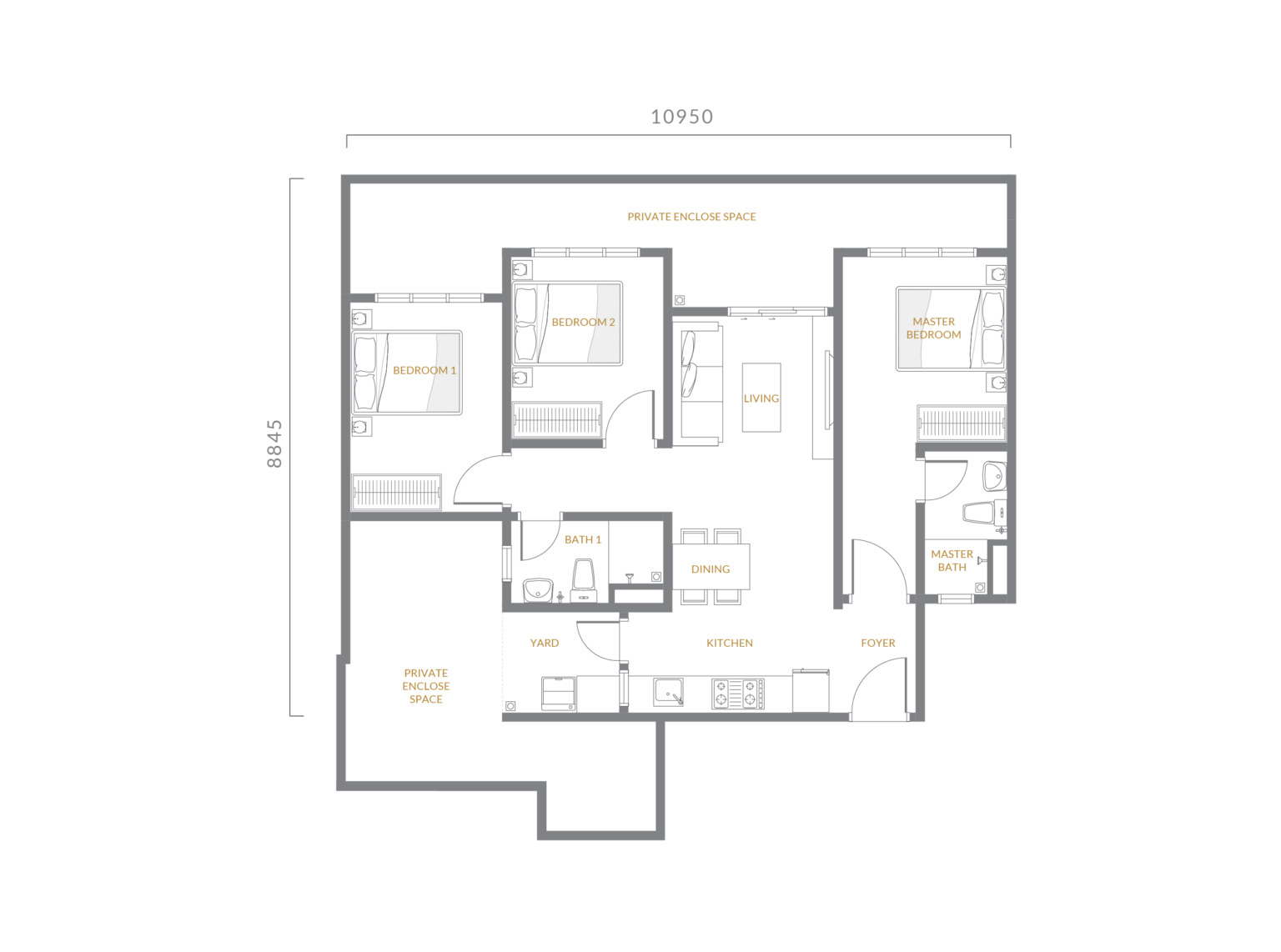 Type A2 . 1,103 sq ft . 3 Bedrooms + 2 Bathrooms