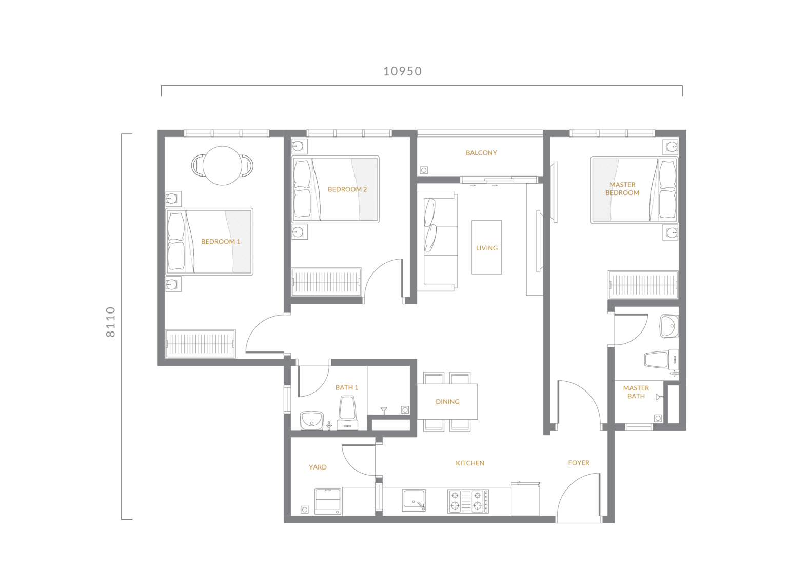 Type B . 830 sq ft . 3 Bedrooms + 2 Bathrooms
