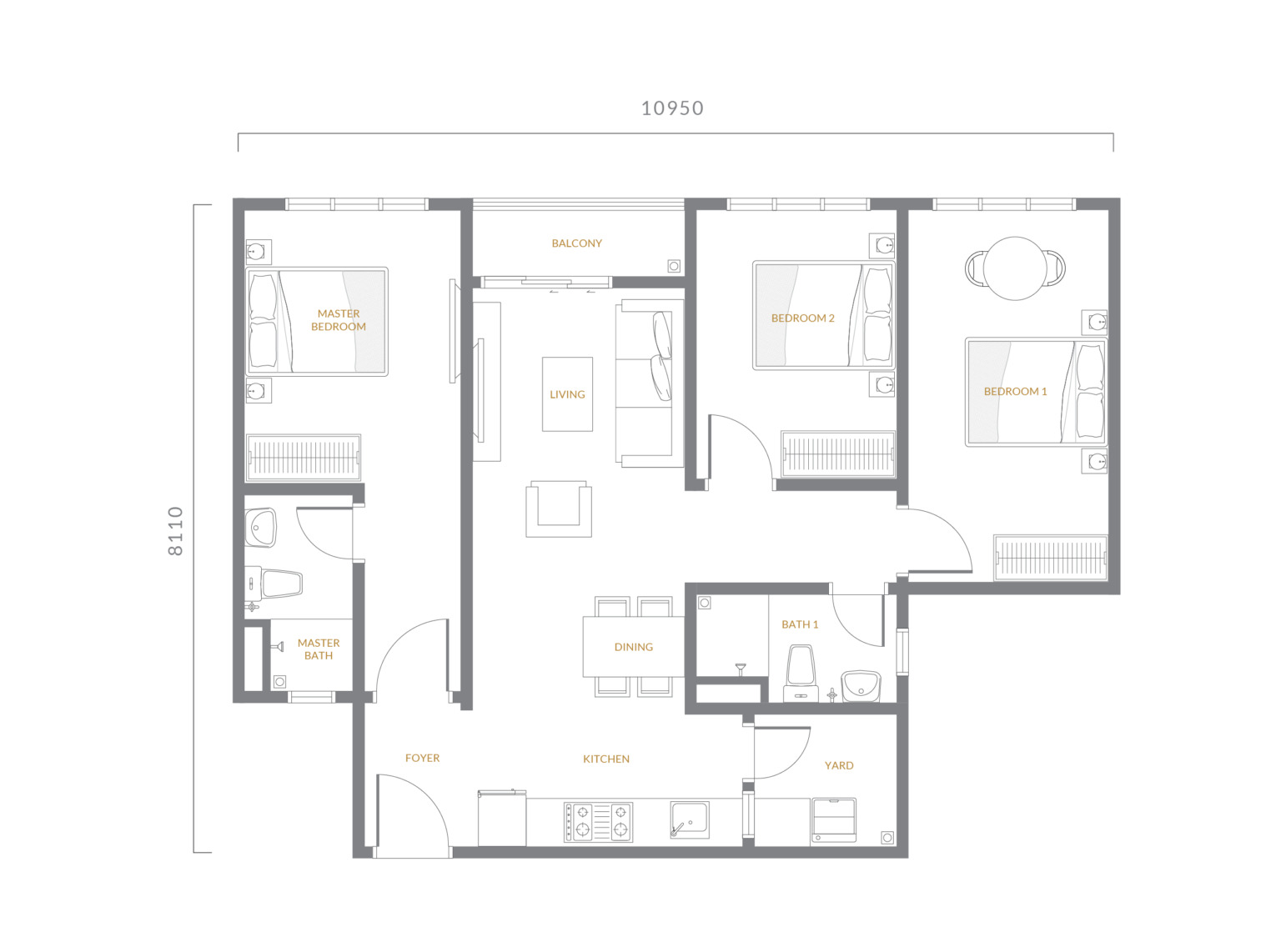 Type B1 . 830 sq ft . 3 Bedrooms + 2 Bathrooms