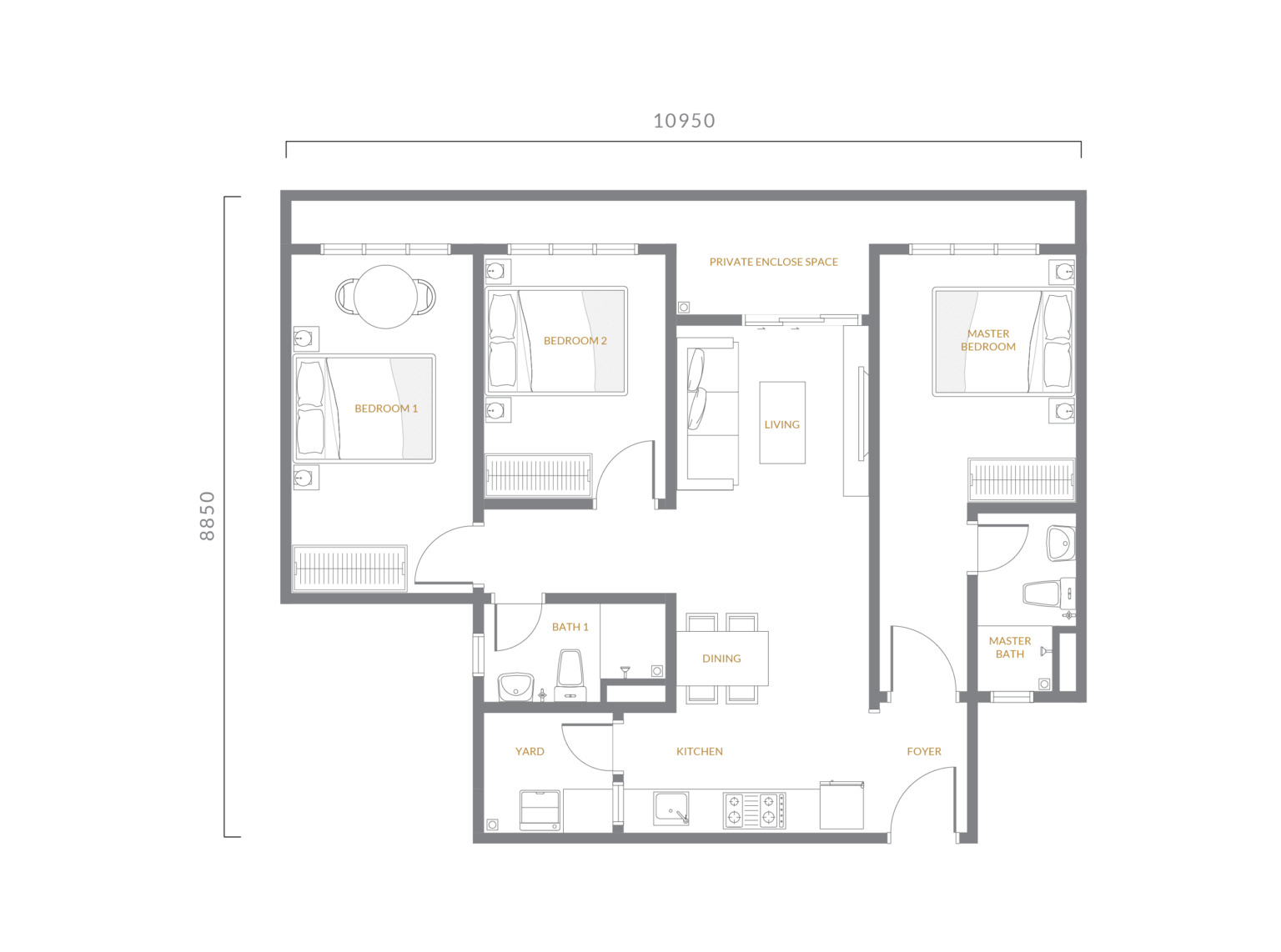 Type B2 . 917 sq ft . 3 Bedrooms + 2 Bathrooms
