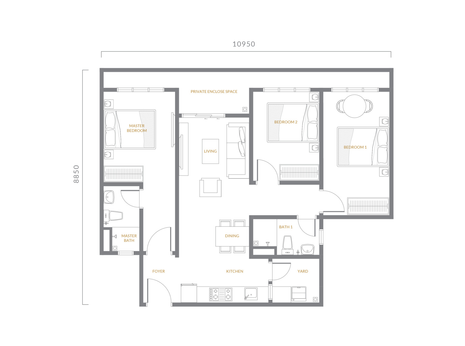 Type B3 . 917 sq ft . 3 Bedrooms + 2 Bathrooms