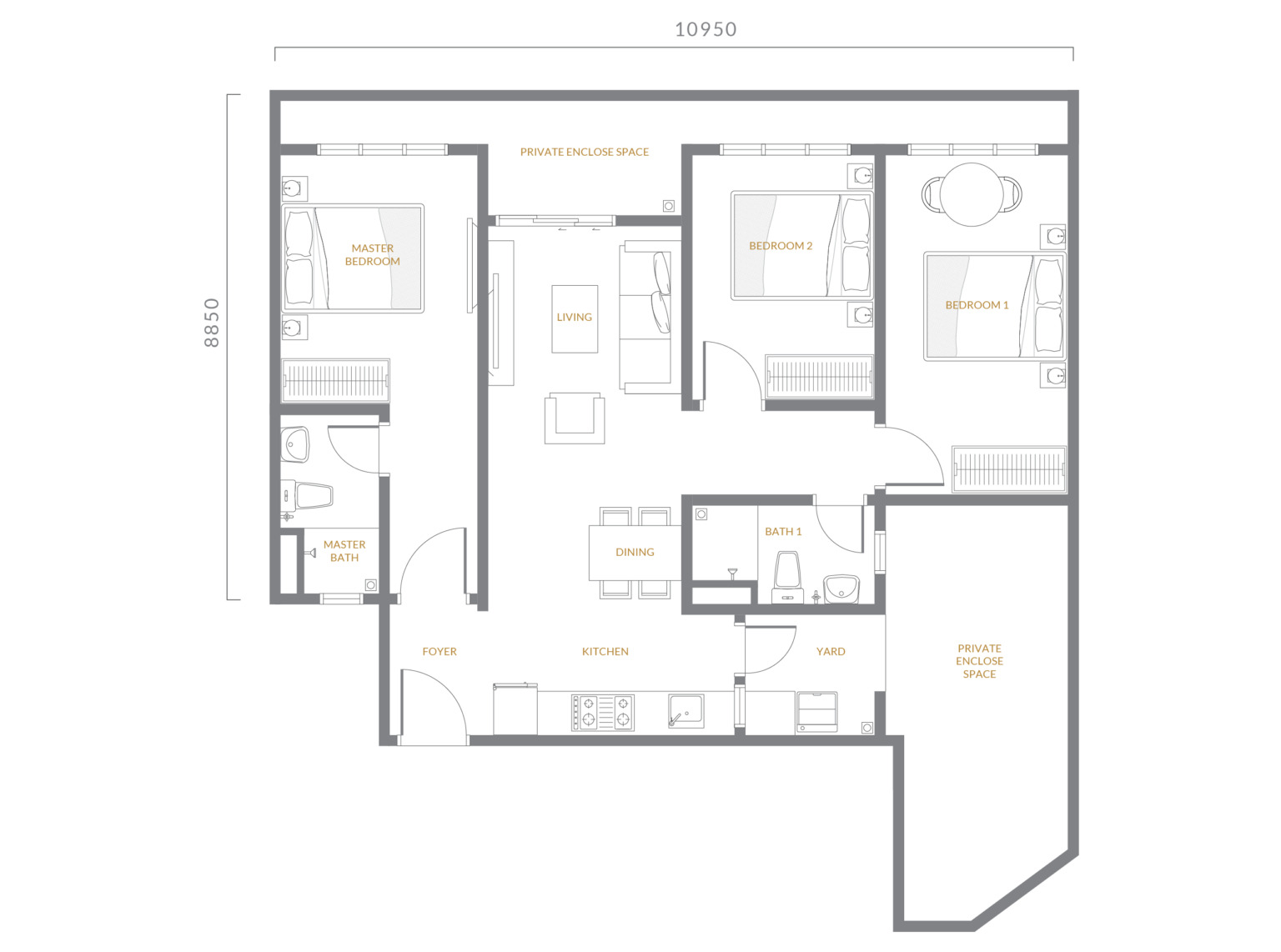 Type B4 . 1,070 sq ft . 3 Bedrooms + 2 Bathrooms