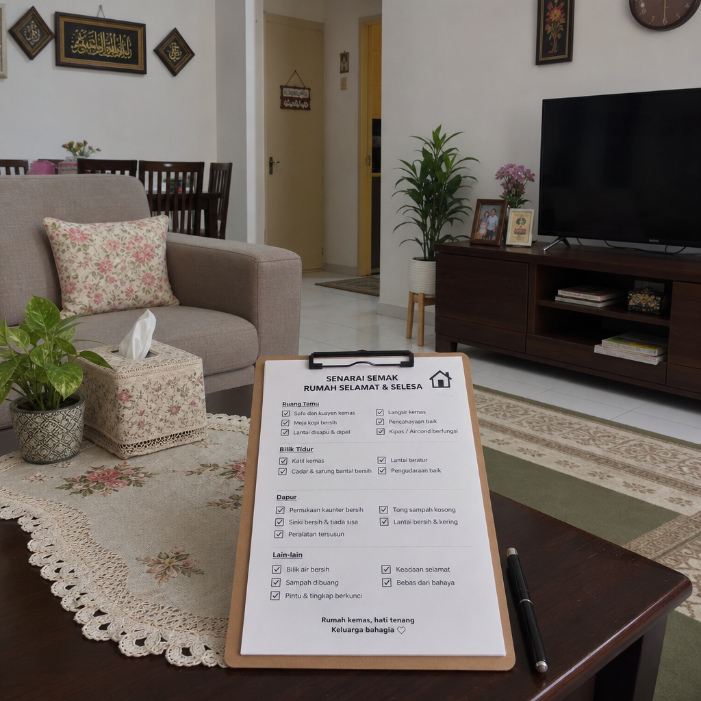 A calm living room with a detailed checklist on a clipboard on the coffee table