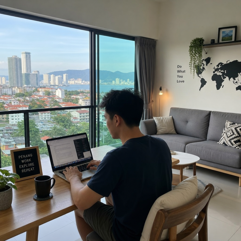 A digital nomad working on a laptop in a modern, well-lit apartment in Penang