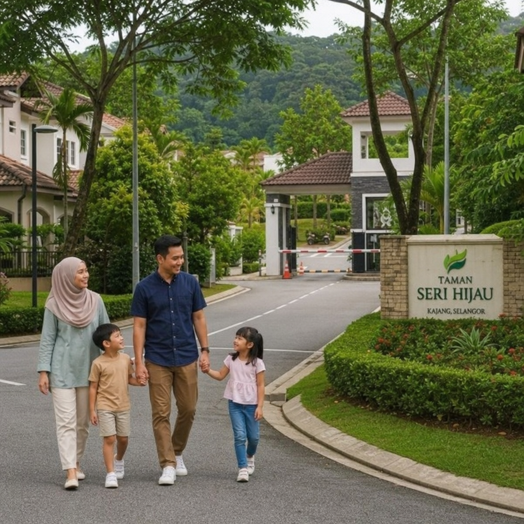 A family walking through a lush, green gated community in Malaysia