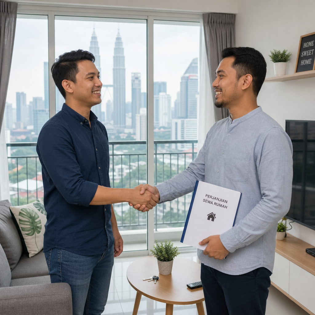 A friendly landlord and tenant shake hands in a bright, modern Malaysian apartment with city views