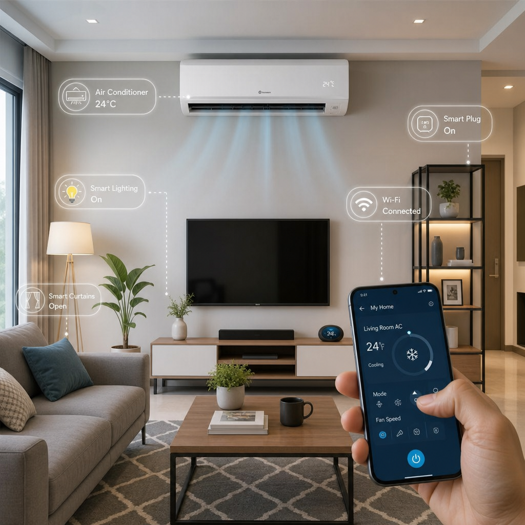 A modern living room interior highlighting air conditioning and smart home utilities