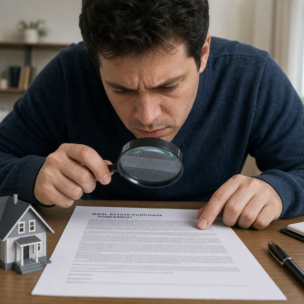A person carefully reading the fine print of a real estate contract with a magnifying glass