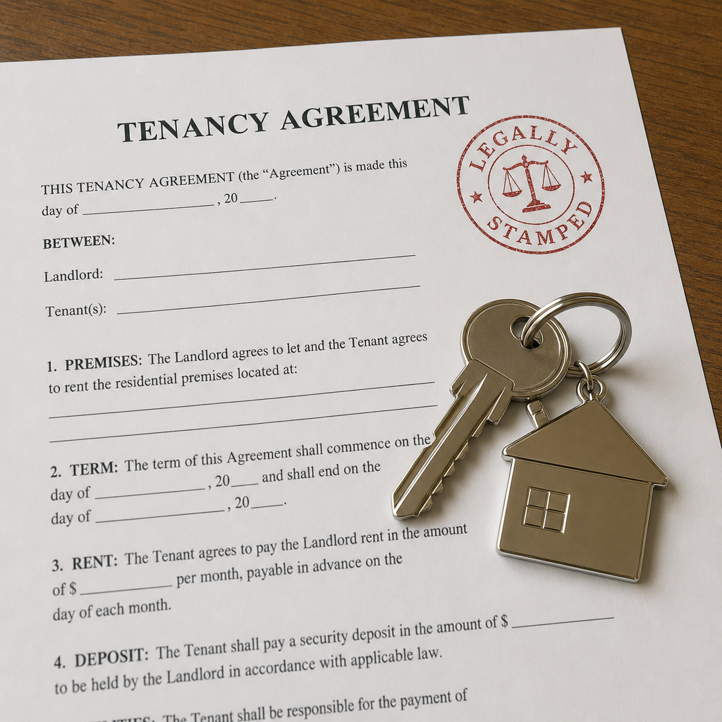 A stamped tenancy agreement and a set of house keys on a wooden desk