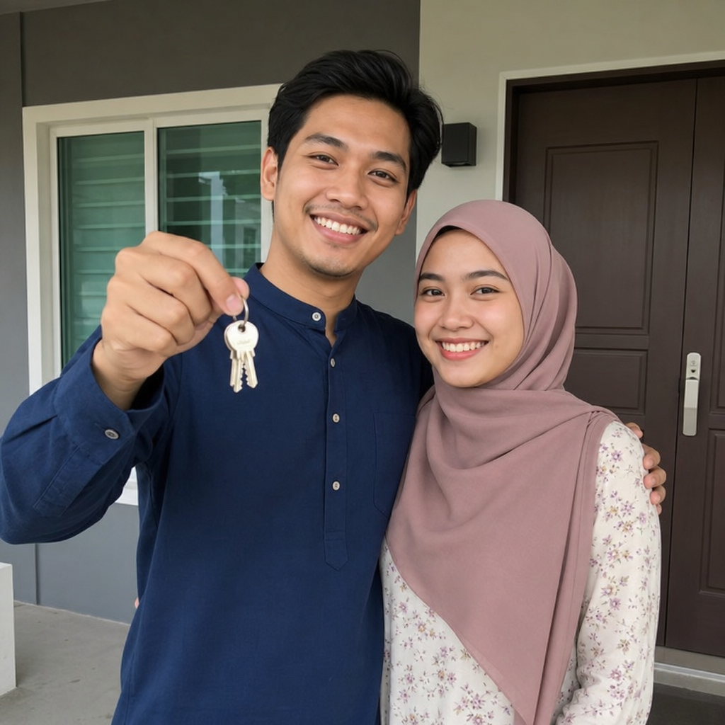 A young Malaysian couple smiling while holding the keys to their new home