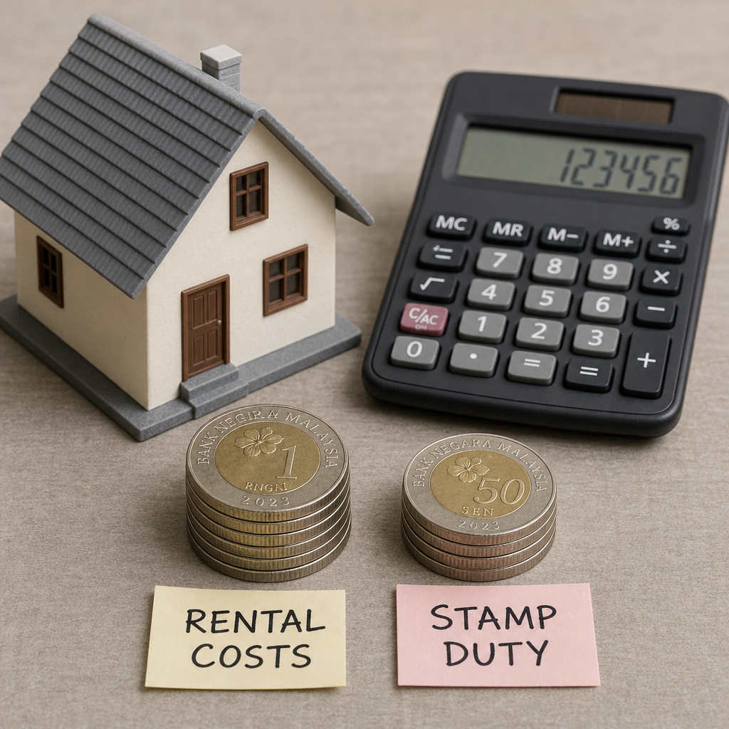 a miniature house, a calculator, and stacked Malaysian Ringgit coins representing rental costs and stamp duty