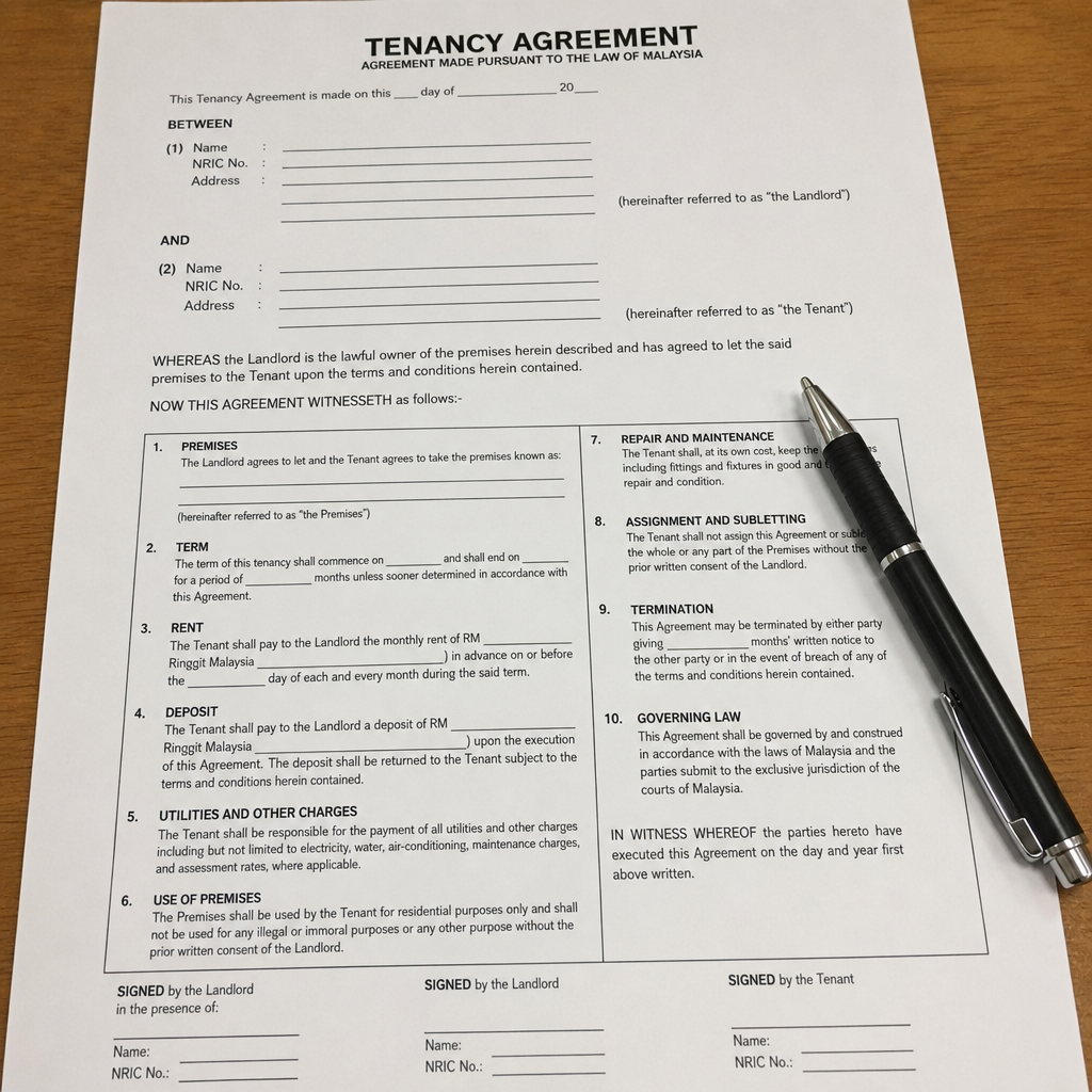 a detailed tenancy agreement document with a pen resting on it, symbolizing legal documentation in Malaysia