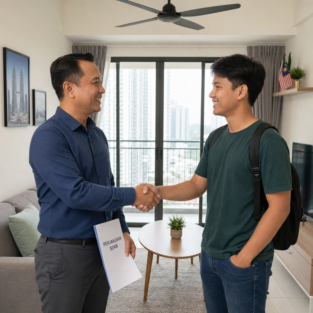 a happy landlord and tenant shaking hands in a modern Malaysian apartment living room
