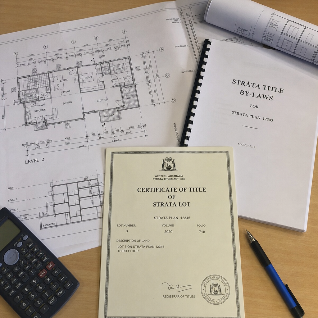 Architectural blueprint and strata title documents on a desk
