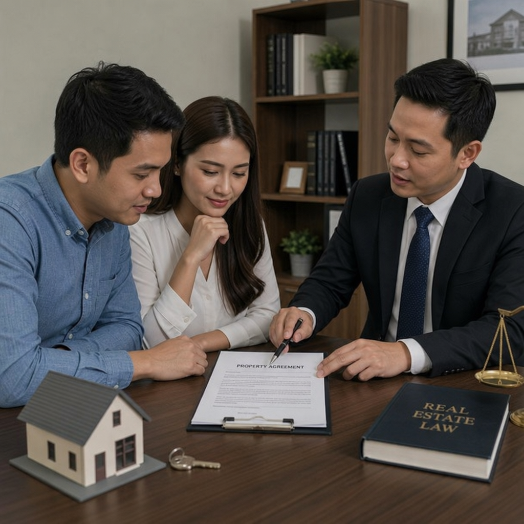 Buyer and seller reviewing a property agreement with a lawyer