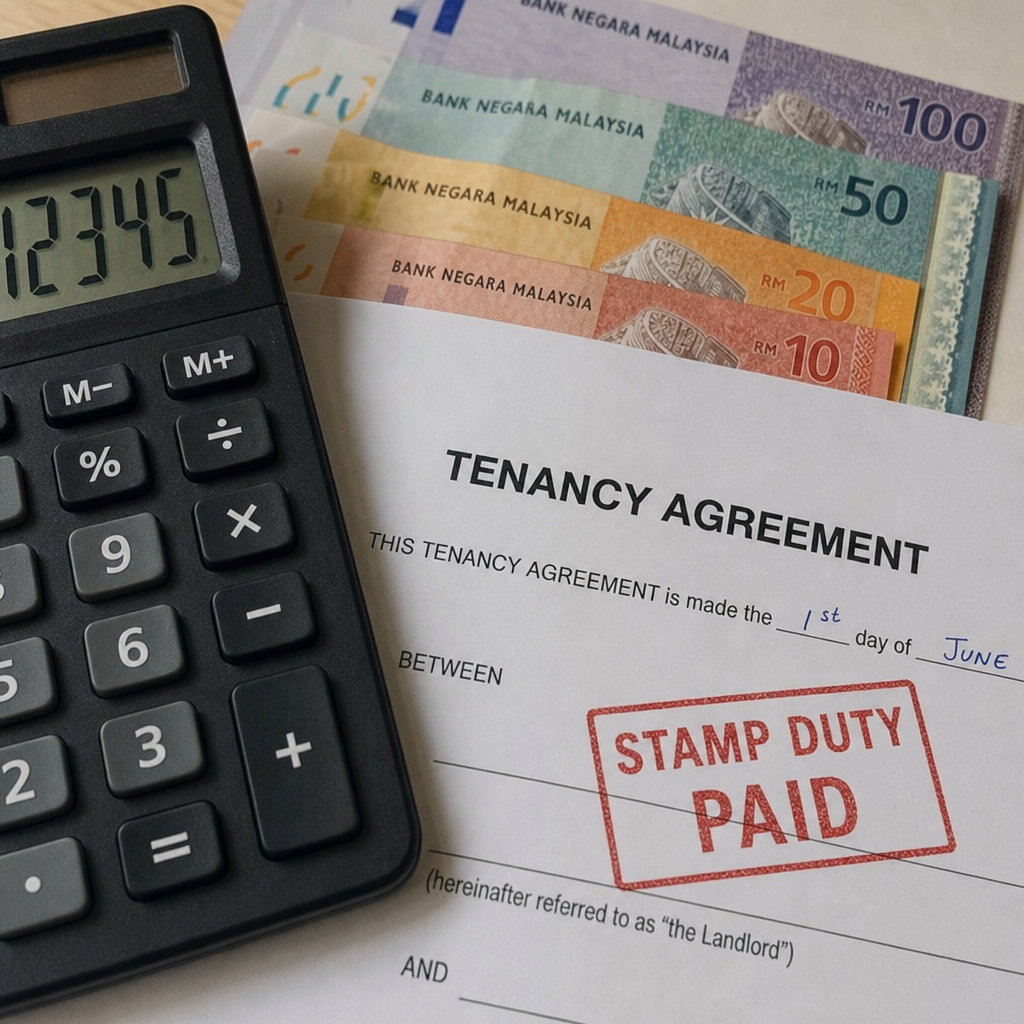 Close up of a calculator, Malaysian Ringgit notes, and a stamped tenancy agreement