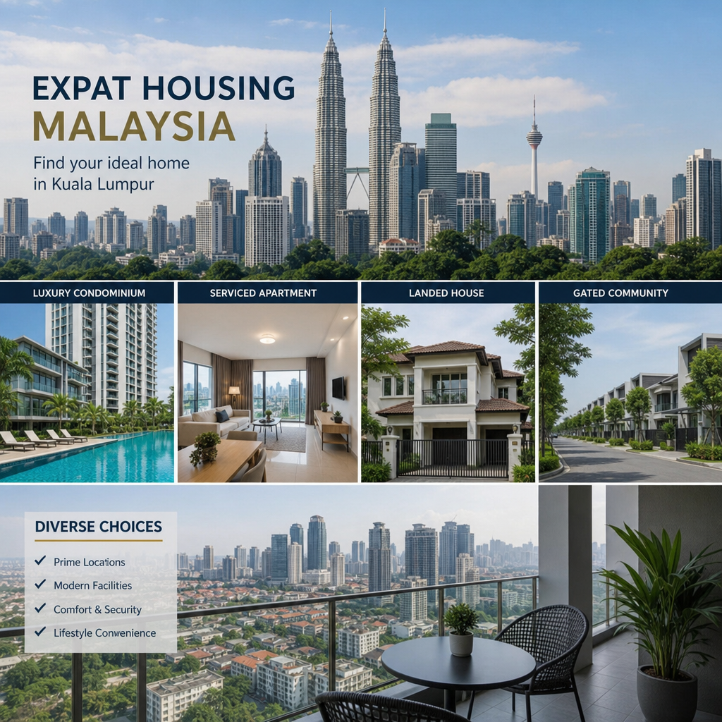 Diverse expat housing in Malaysia showcasing a modern Kuala Lumpur skyline and residential buildings