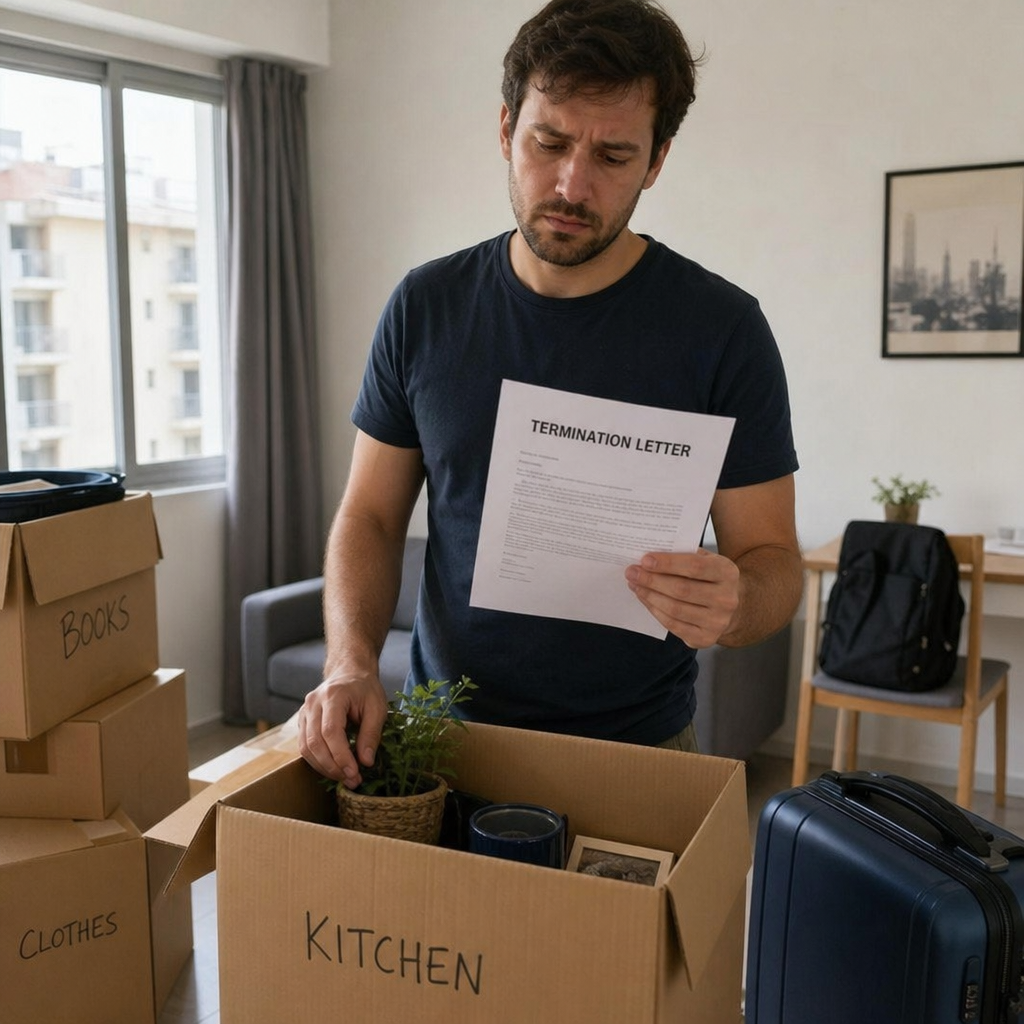 Expatriate tenant packing moving boxes in an apartment while holding a termination letter
