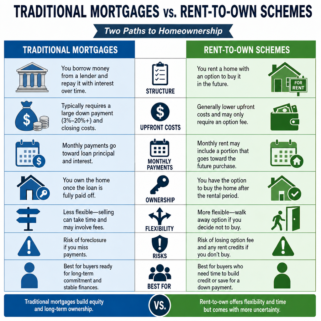 Infographic comparing traditional mortgages with rent-to-own schemes