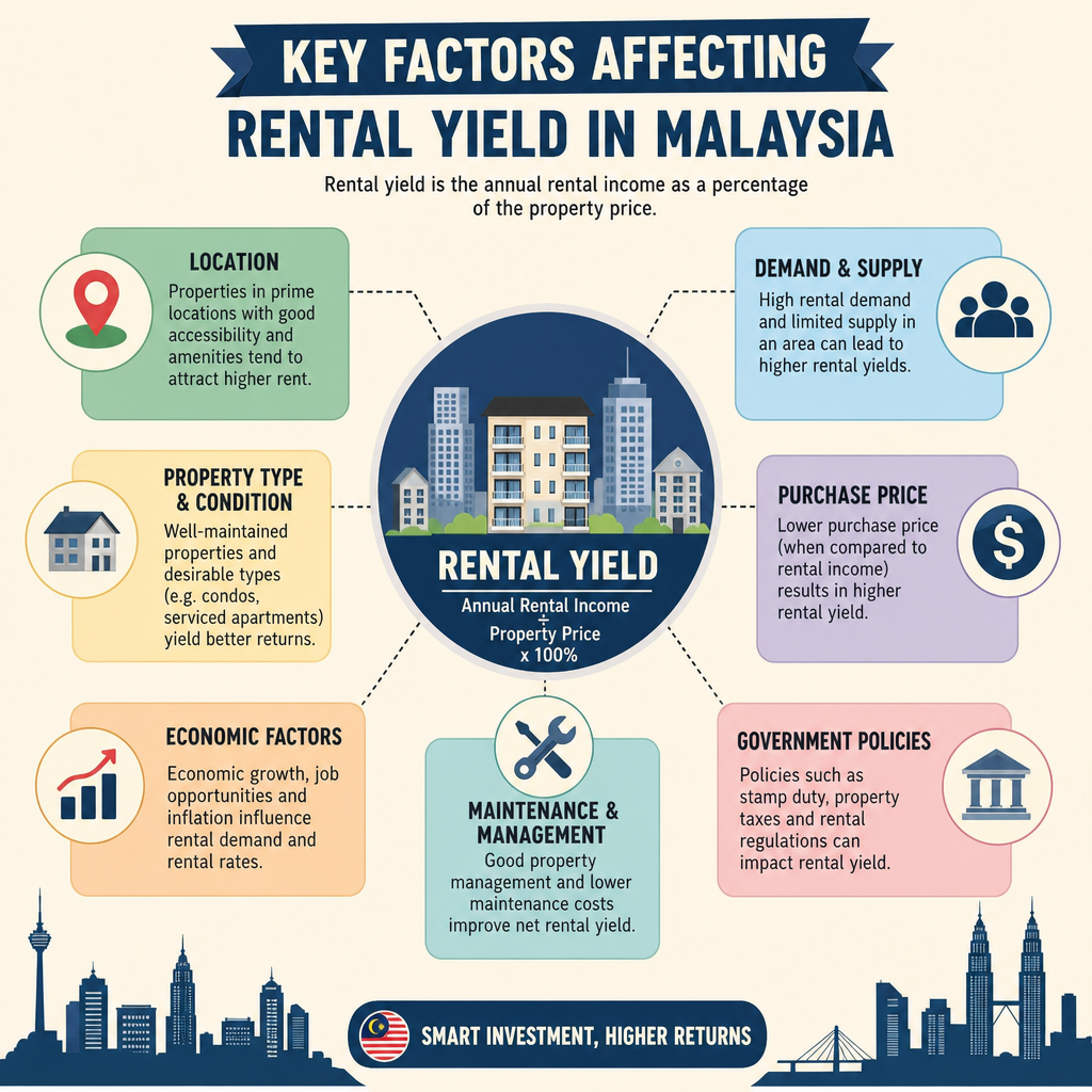 Infographic illustrating key factors affecting rental yield in Malaysia