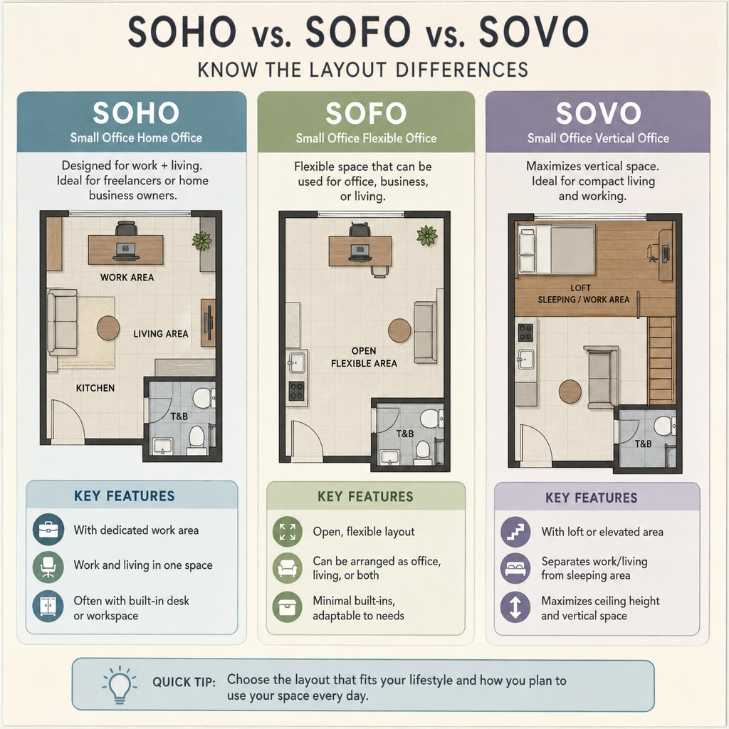 Infographic showing the layout differences between SoHo, SoFo, and SoVo units
