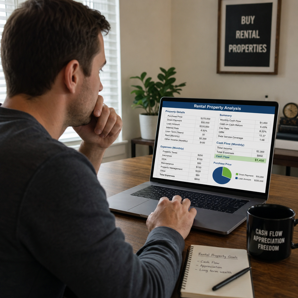 Investor reviewing rental property numbers on a laptop