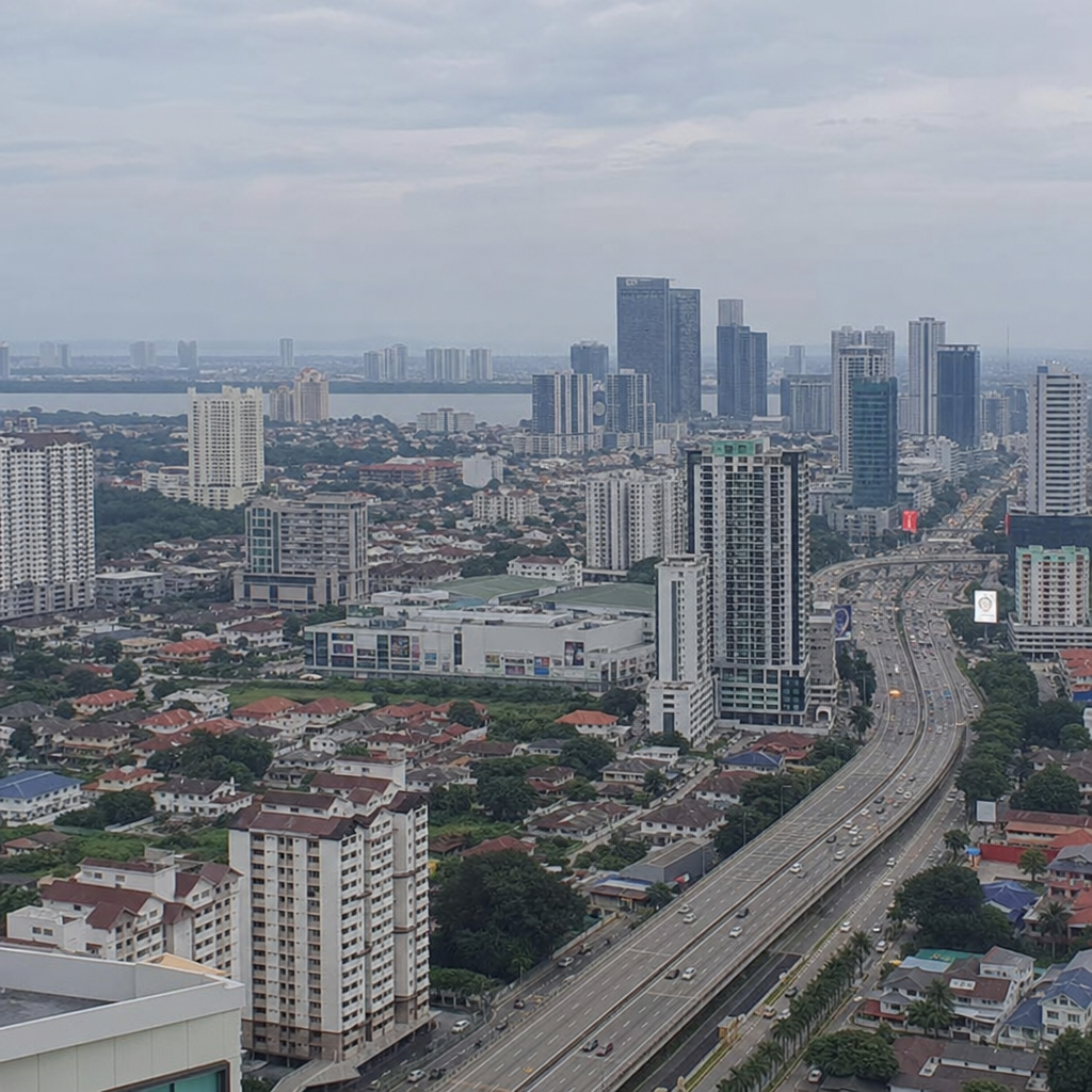 Johor Bahru city skyline with apartments and roads