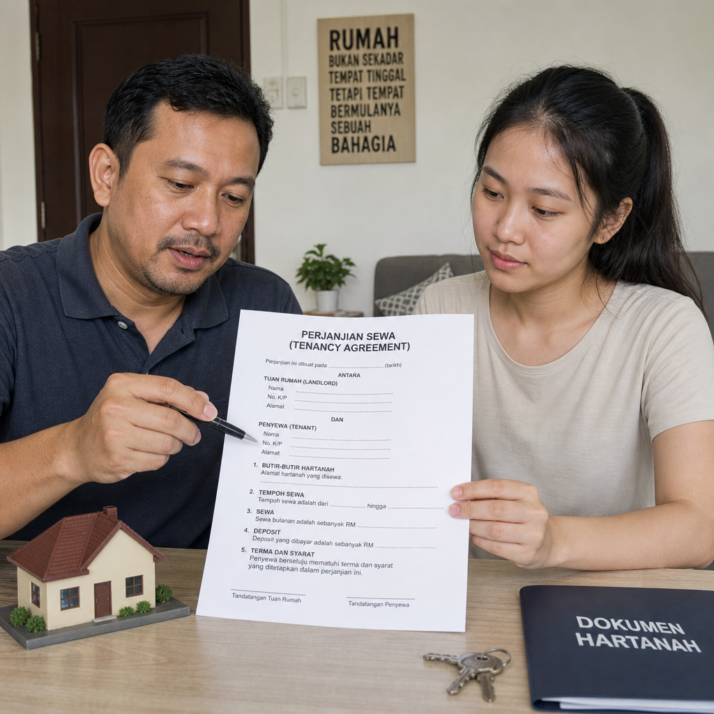 Landlord and tenant reviewing a Malaysian tenancy agreement