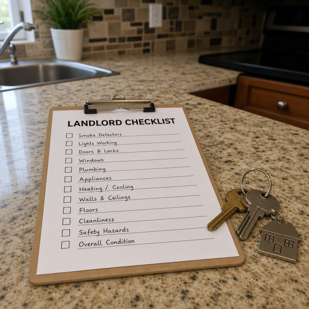 Landlord checklist and keys on a kitchen counter