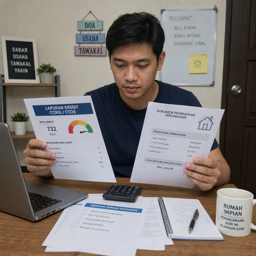 Malaysian homebuyer reviewing credit reports and mortgage documents