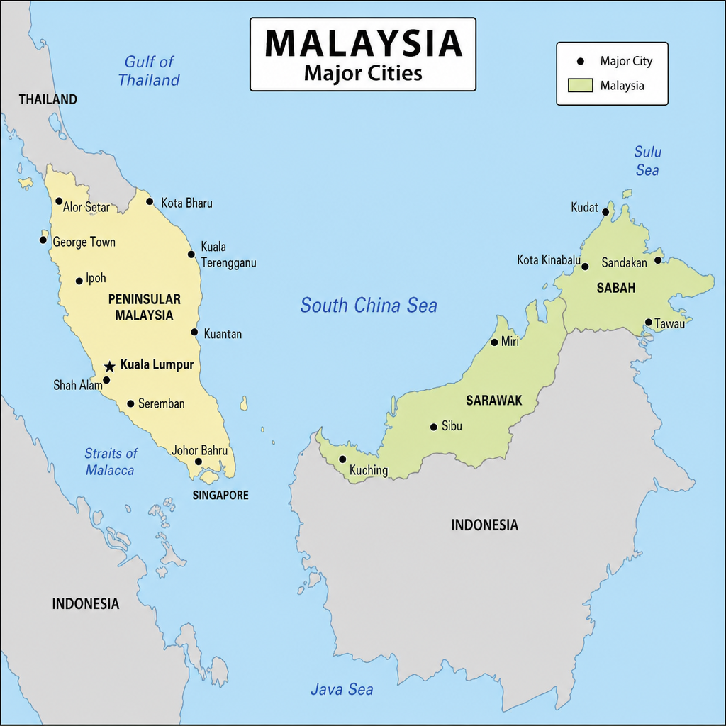 Map showing major cities in Malaysia
