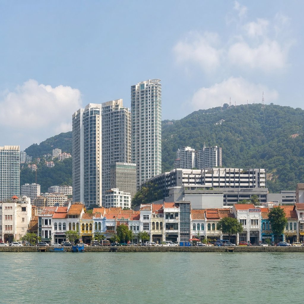 Penang waterfront condos, heritage shophouses, and green hills