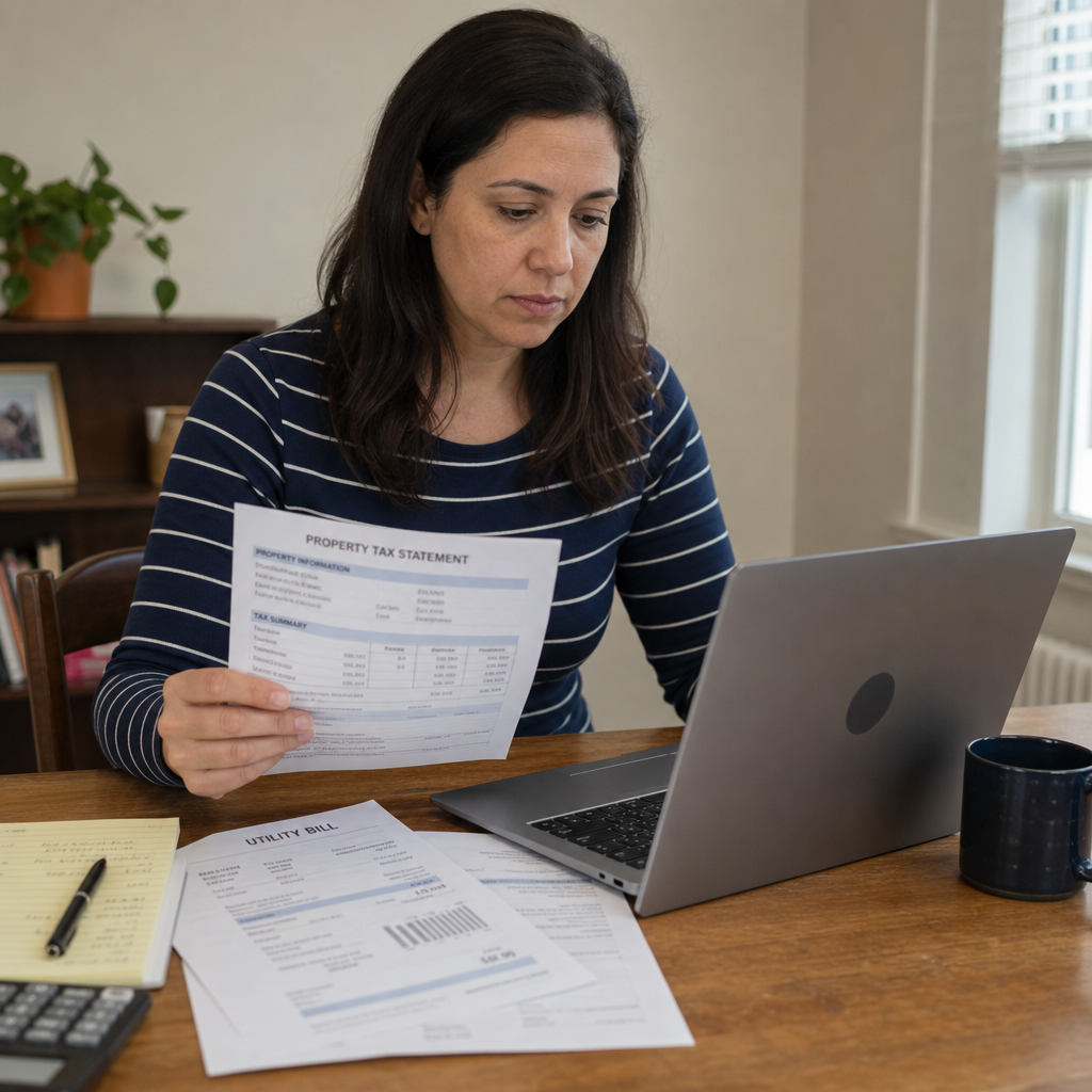Person reviewing property tax documents and utility bills on a laptop
